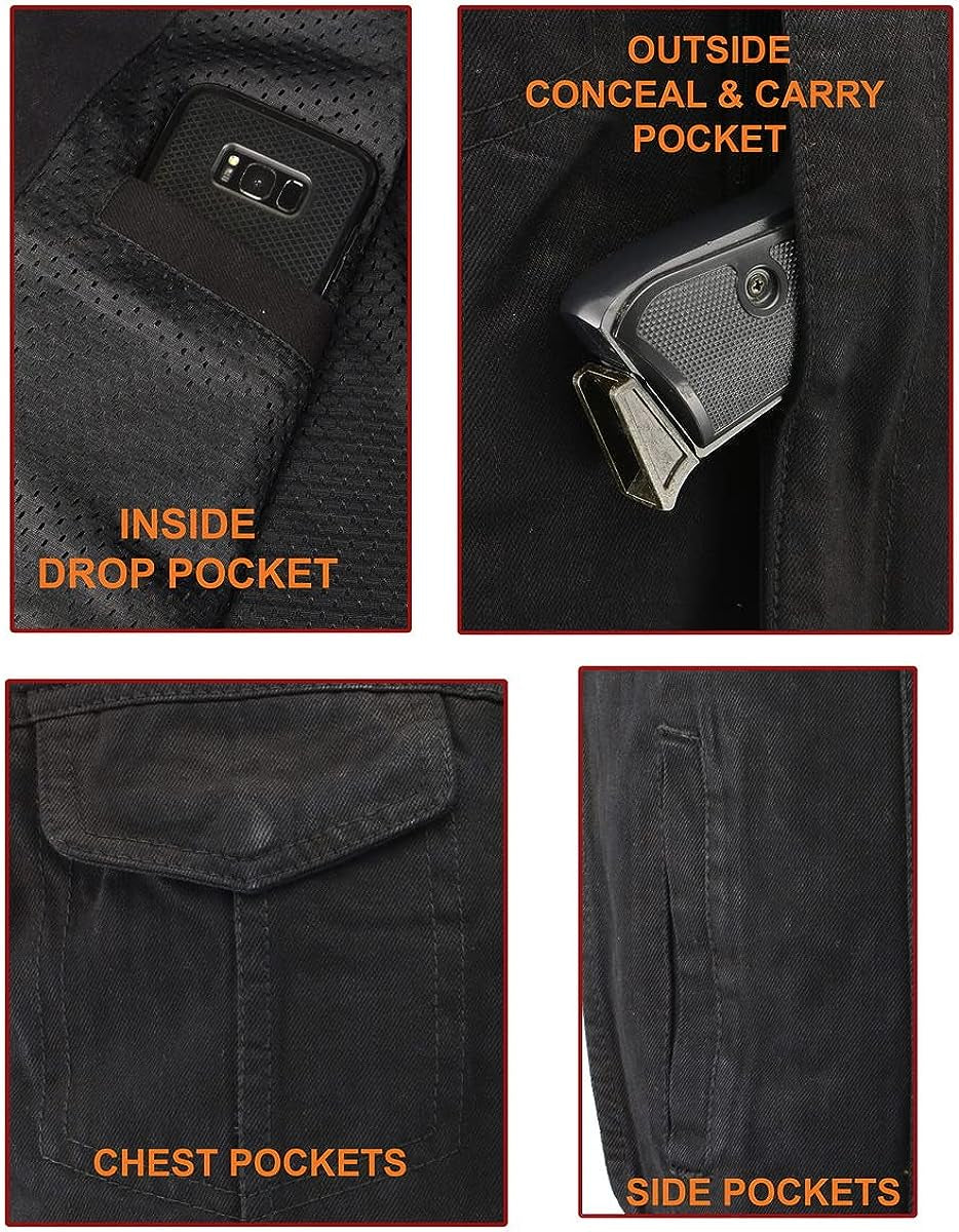  Men'S Black Collarless Denim Club Style Vest with Hidden Zipper