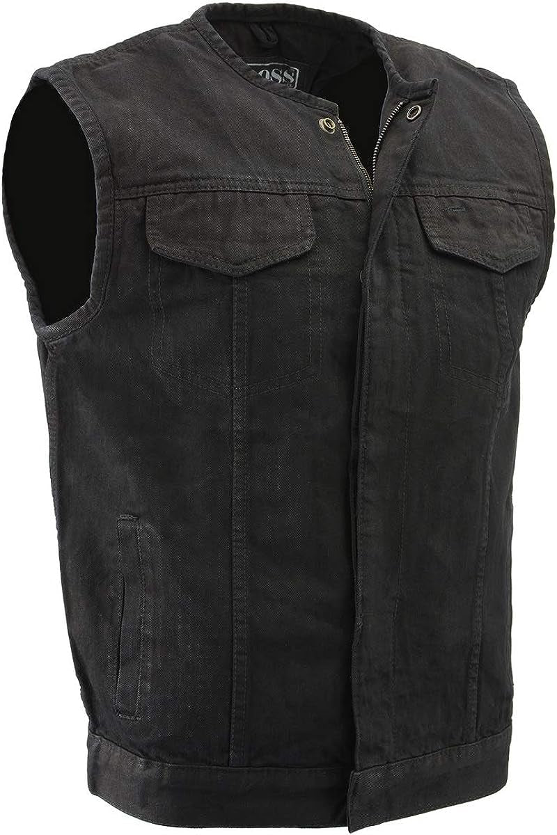  Men'S Black Collarless Denim Club Style Vest with Hidden Zipper