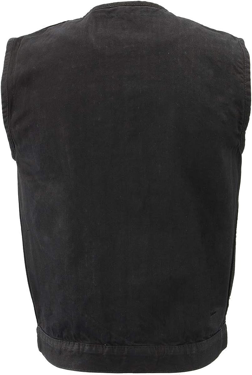  Men'S Black Collarless Denim Club Style Vest with Hidden Zipper
