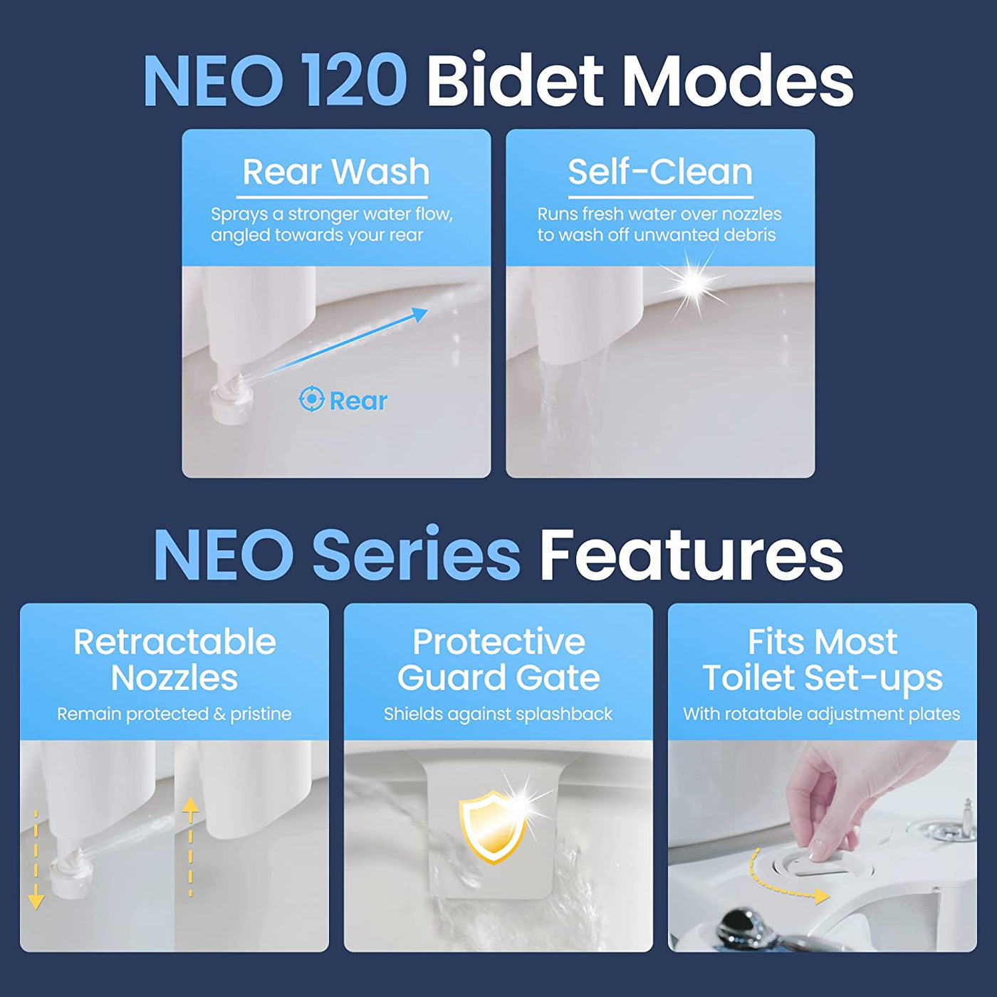NEO 120 - Hygienic Nozzle, Water-Based Bidet Attachment for Toilet Seat