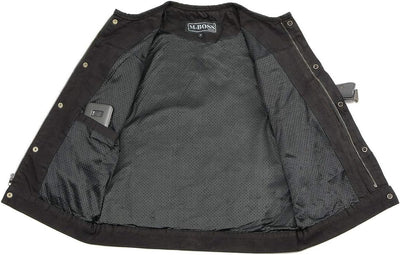  Men'S Black Collarless Denim Club Style Vest with Hidden Zipper