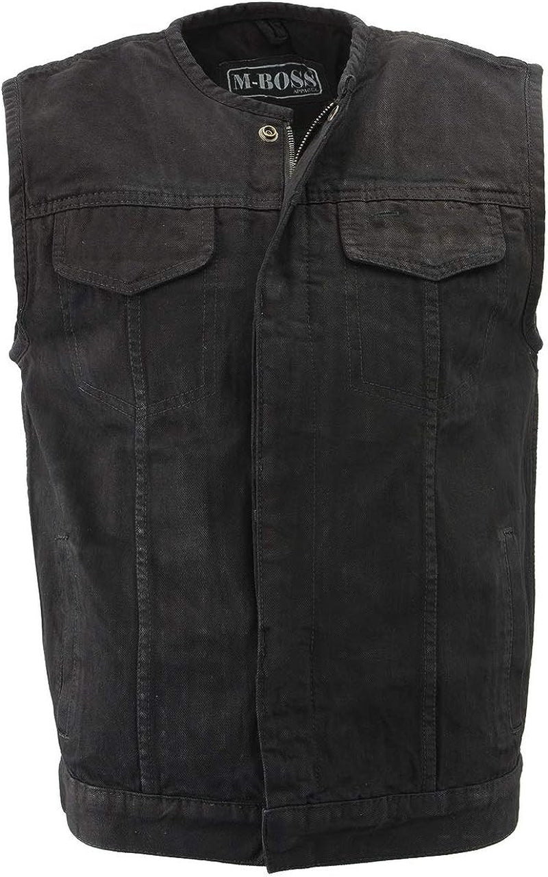  Men'S Black Collarless Denim Club Style Vest with Hidden Zipper
